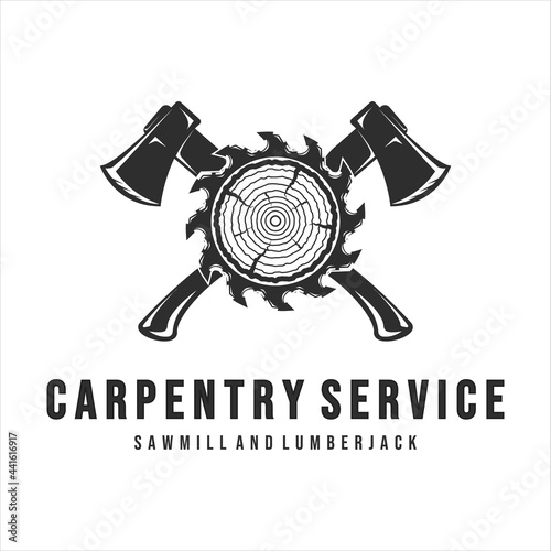 sawmill and lumberjack logo vintage vector illustration icon template design. carpentry tool and equipment logo for professional carpenter company logo concept emblem design