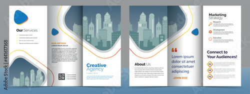 Business Brochure Template in Tri Fold Layout. Corporate Design Leaflet with replicable image.