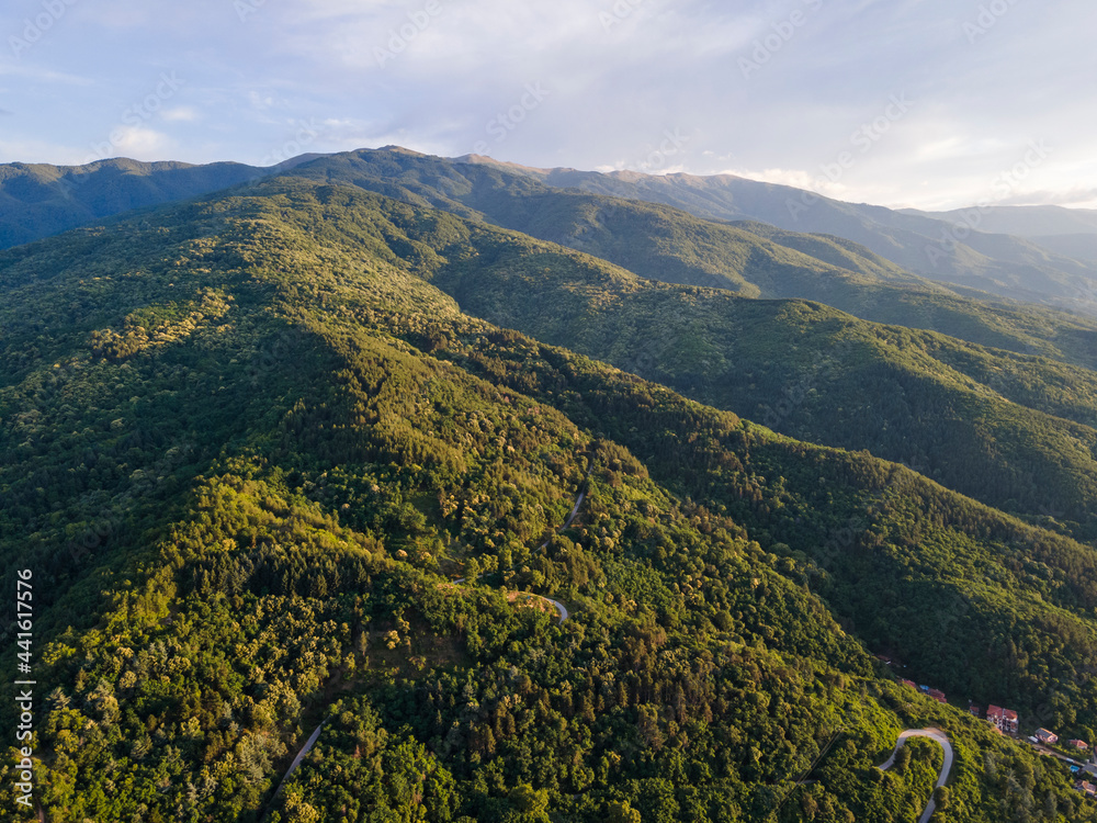 Fototapeta premium Aerial Sunset view of Belasitsa Mountain, Bulgaria