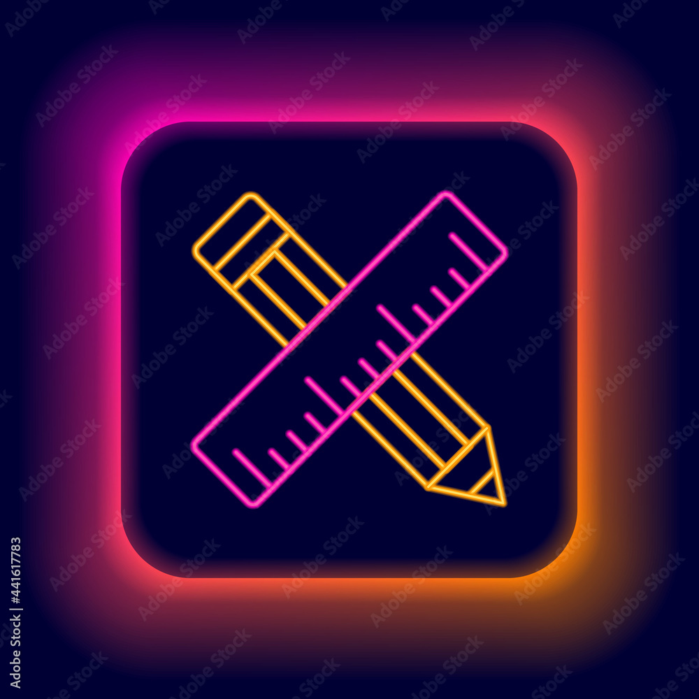 Glowing neon line Crossed ruler and pencil icon isolated on black background. Straightedge symbol. Drawing and educational tools. Colorful outline concept. Vector Glowing neon line Crossed ruler and pencil icon isolated on black background. Straightedge symbol. Drawing and educational tools. Colorful outline concept. Vector