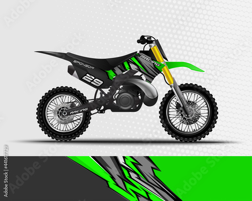 Motocross motorcycle wrap decal and vinyl sticker design with abstract background.