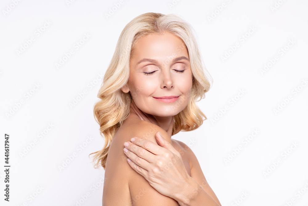 Profile side view portrait of attractive dreamy woman washing fresh skin daily hygiene isolated over white color background