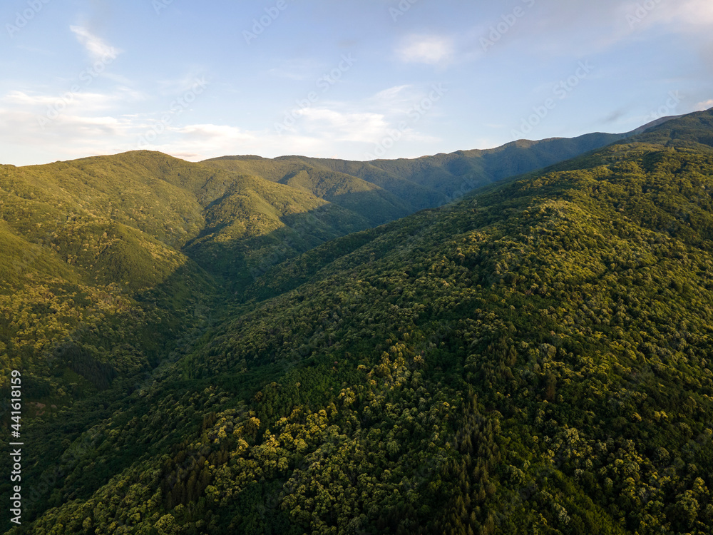 Fototapeta premium Aerial Sunset view of Belasitsa Mountain, Bulgaria