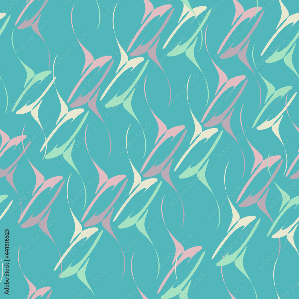 Abstract seamless pattern. Pink and beige elements on a turquoise background. Marine motive. Multicolored abstract scans in the sea. For wallpapers, backgrounds and textiles. Abstract seamless pattern. Pink and beige elements on a turquoise background. Marine motive. Multicolored abstract scans in the sea. For wallpapers, backgrounds and textiles.