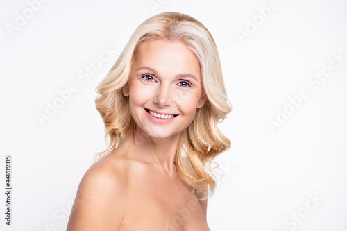 Profile side photo of aged cheerful woman happy positive smile cosmetology procedure isolated over grey color background