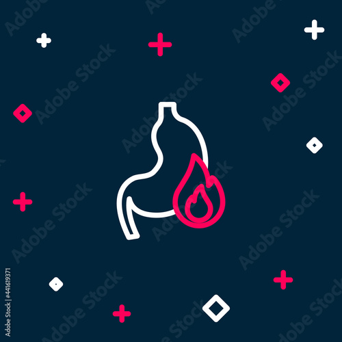 Line Stomach heartburn icon isolated on blue background. Stomach burn. Gastritis and acid reflux, indigestion and stomach pain problems. Colorful outline concept. Vector