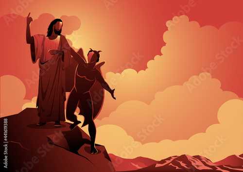 Photo Satan tempts Jesus on the mountain vector image