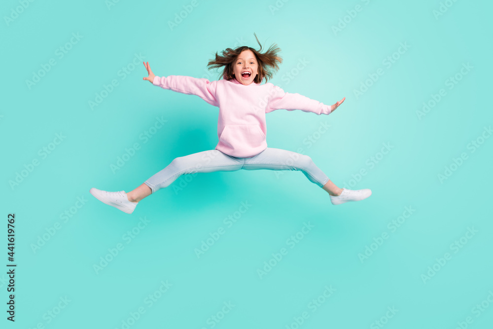 Full body photo of brunette hairdo hooray girl jump wear pink sportswear isolated on teal color background