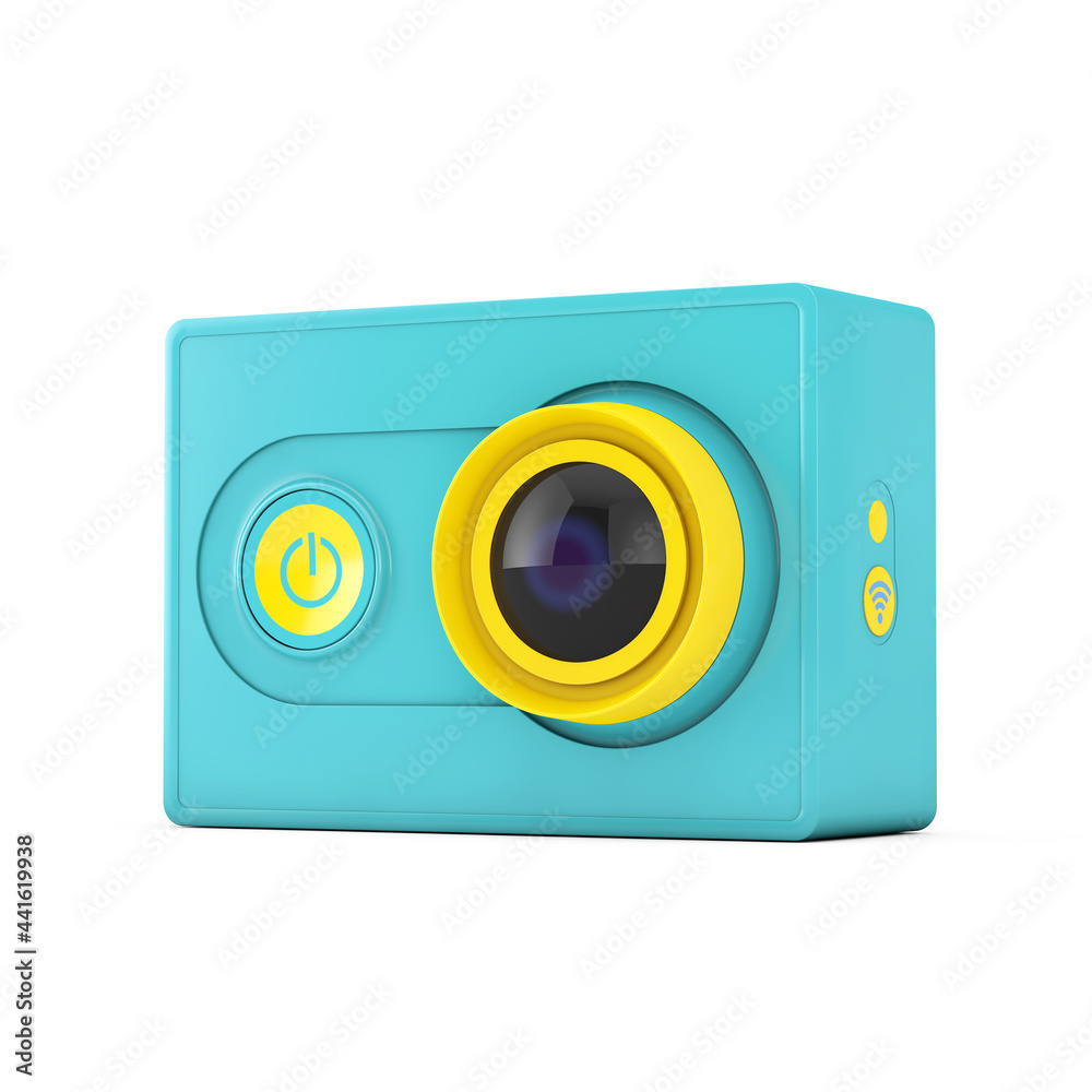 Small Ultra HD Blue and Yellow Action Camera. 3d Rendering Small Ultra HD Blue and Yellow Action Camera. 3d Rendering