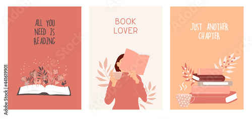 Poster or invitation cards for reading club. Set of illustrations with books, cup and botanical elements. Editable vector illustration.