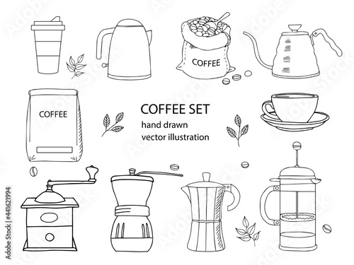 Hand drawn vector coffee set. Sketch coffee maker, french press, cup, tea, grinder, kettle, moka pot. Cafe menu design, shop. Doodle coffee to go icon, coffee house logo. Cartoon Illustration