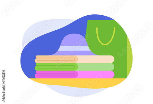 Clothes design elements on various shape background. Vector flat cartoon illustration.