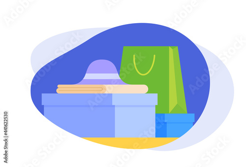Clothes design elements on various shape background. Vector flat cartoon illustration.