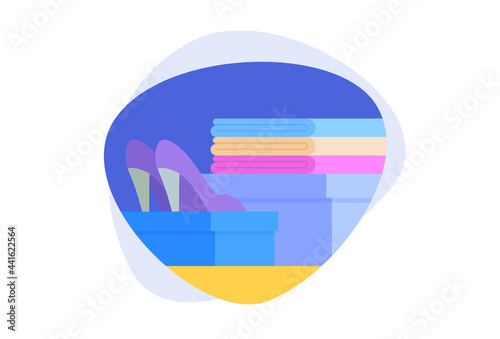 Clothes design elements on various shape background. Vector flat cartoon illustration.