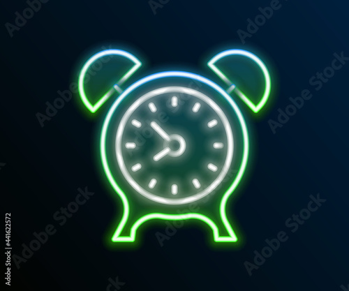 Glowing neon line Alarm clock icon isolated on black background. Wake up, get up concept. Time sign. Colorful outline concept. Vector