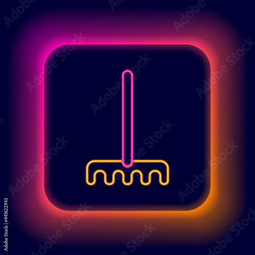 Glowing neon line Garden rake icon isolated on black background. Tool for horticulture, agriculture, farming. Ground cultivator. Housekeeping equipment. Colorful outline concept. Vector