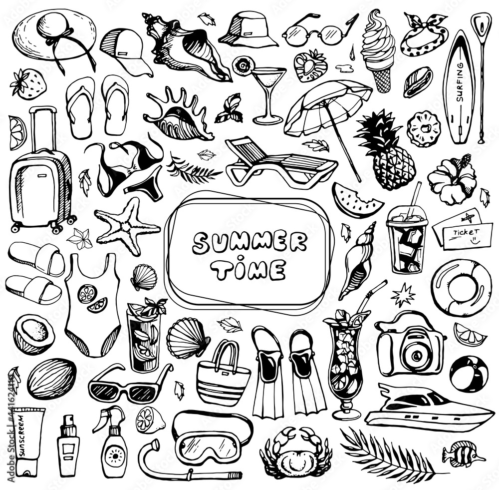 Obraz premium Summer time, a set of elements on the theme of summer and sea vacations. Vector, isolated
