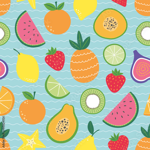 Fototapeta Naklejka Na Ścianę i Meble -  Tropical fruits seamless pattern, summer bright background wallpaper.