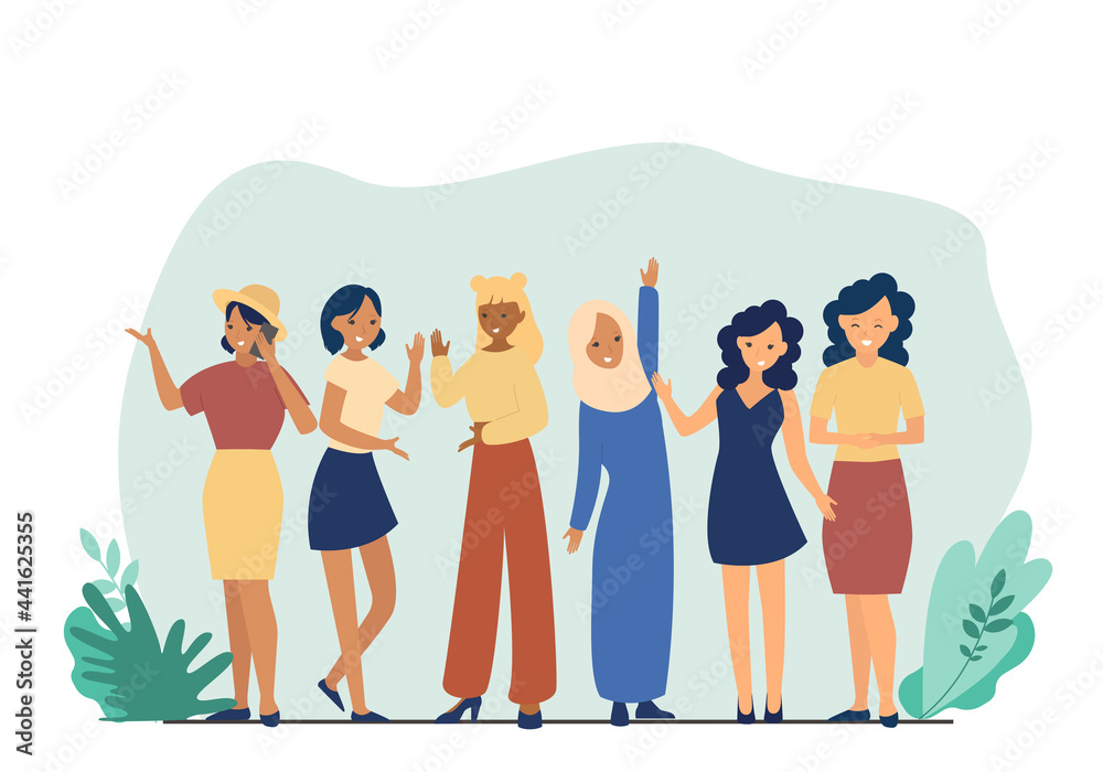 Obraz premium Vector set illustration of diverse cartoon women and men of various races. Crowd of cheerful young men and women holding smartphones, talking. Vector illustration isolated on white background.