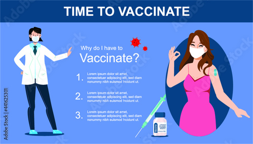 Time to Vaccinate. Corona Virus, Covid-19 vaccination awareness concept. Flat style illustration.	