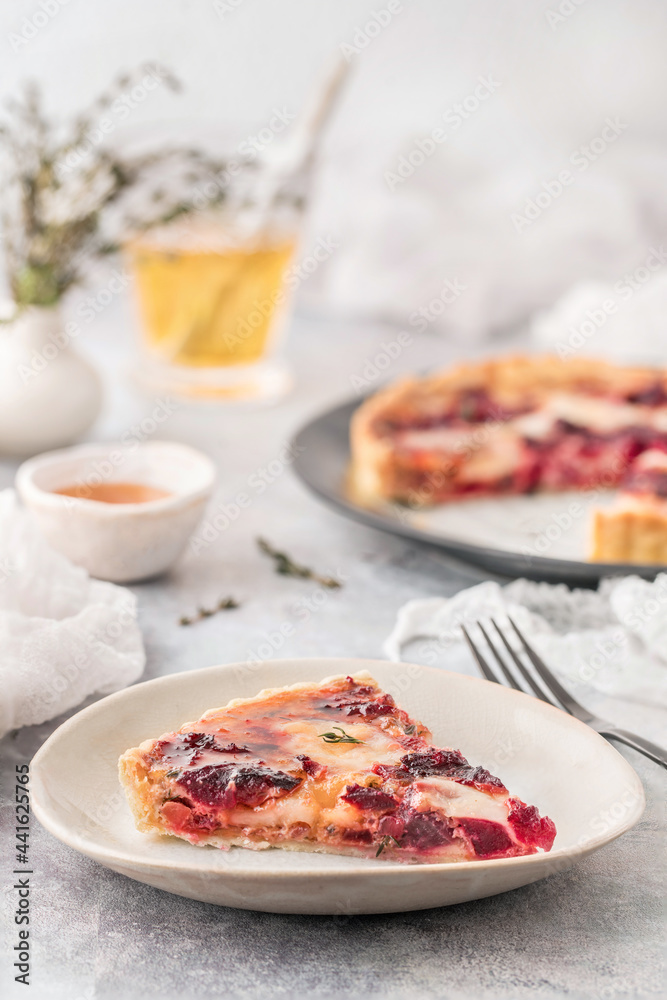 Delicious piece of quiche on plate Delicious piece of quiche on plate