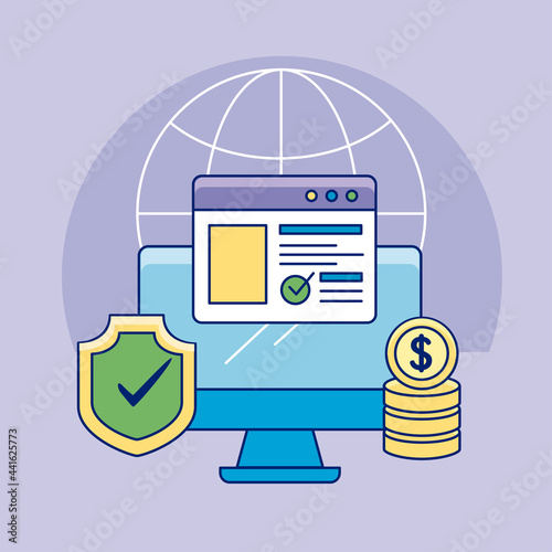 computer with online payments icon set