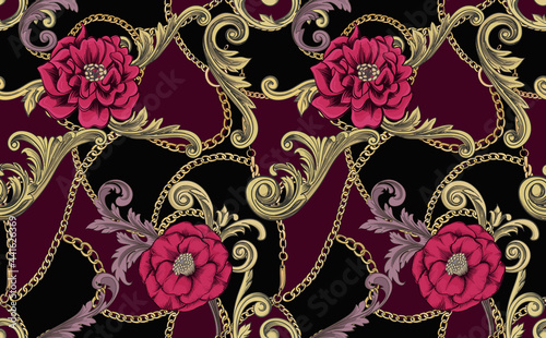 Chic print with red flowers and gold chains and baroque elements. Luxurious seamless pattern. 
