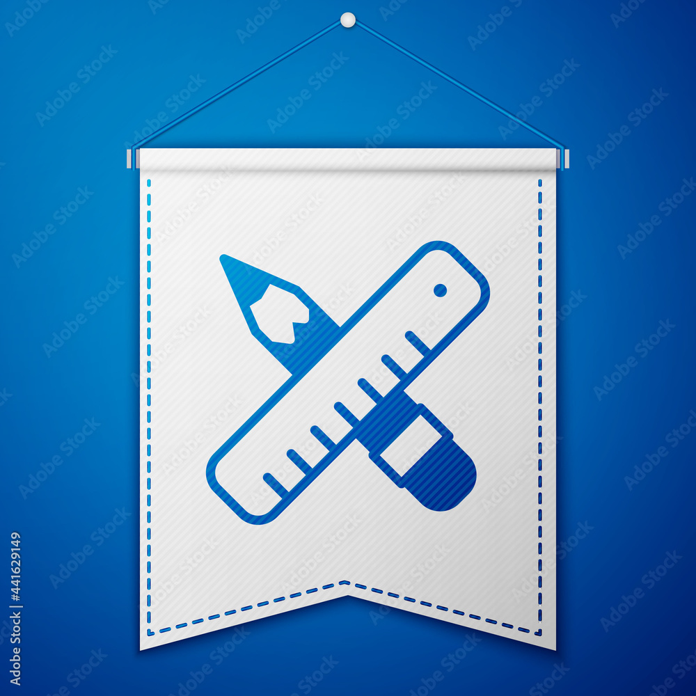 Blue Crossed ruler and pencil icon isolated on blue background. Straightedge symbol. Drawing and educational tools. White pennant template. Vector Blue Crossed ruler and pencil icon isolated on blue background. Straightedge symbol. Drawing and educational tools. White pennant template. Vector