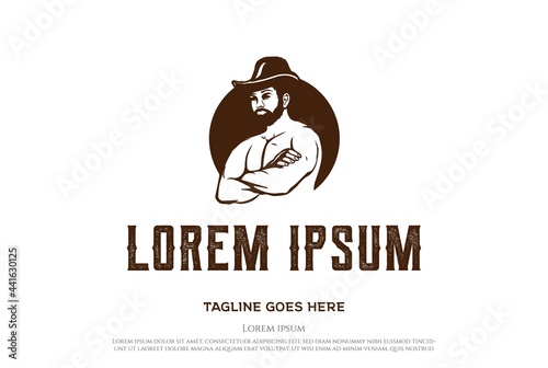 Man Male Muscular Cowboy Fitness Gym Sport Logo Design Vector