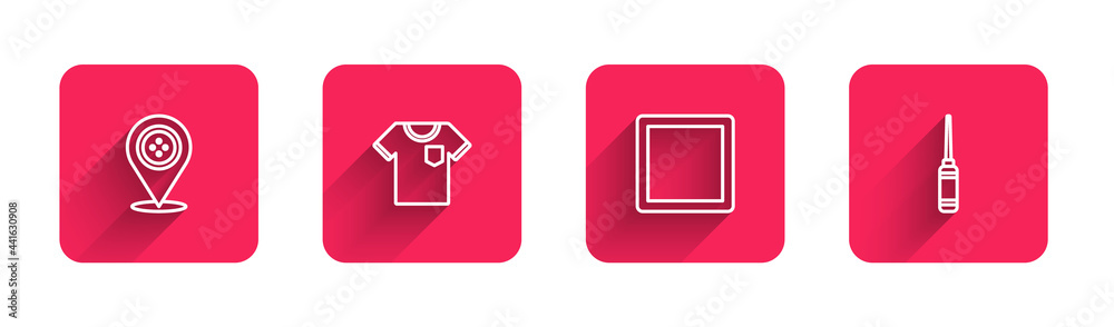 Set line Location tailor shop, T-shirt, Sewing Pattern and Awl tool with long shadow. Red square button. Vector Set line Location tailor shop, T-shirt, Sewing Pattern and Awl tool with long shadow. Red square button. Vector