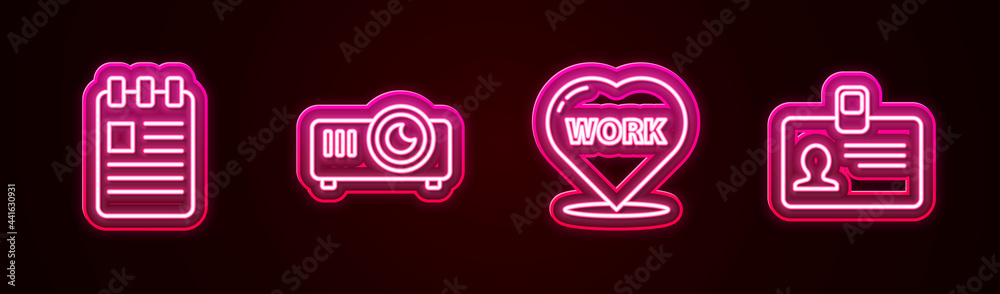 Set line Spiral notebook, Movie, film, media projector, Heart with text work and Identification badge. Glowing neon icon. Vector Set line Spiral notebook, Movie, film, media projector, Heart with text work and Identification badge. Glowing neon icon. Vector