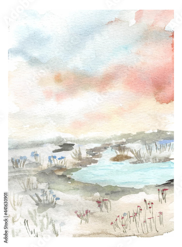 hand painting lake misk watercolor background