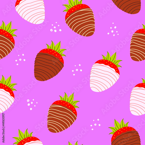 Flat vector cartoon seamless pattern of strawberries covered with chocolate. Chocolate fondue dessert for Valentine's Day.
