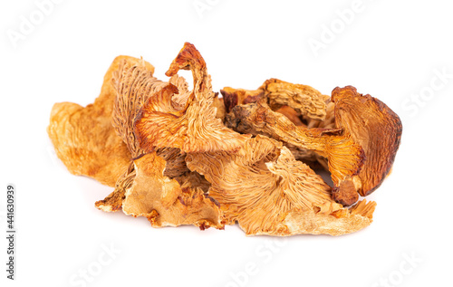 Dried chanterelle mushrooms, isolated on white background. Dried forest chanterelle mushrooms. Cantharellus cibarius. Close up. photo