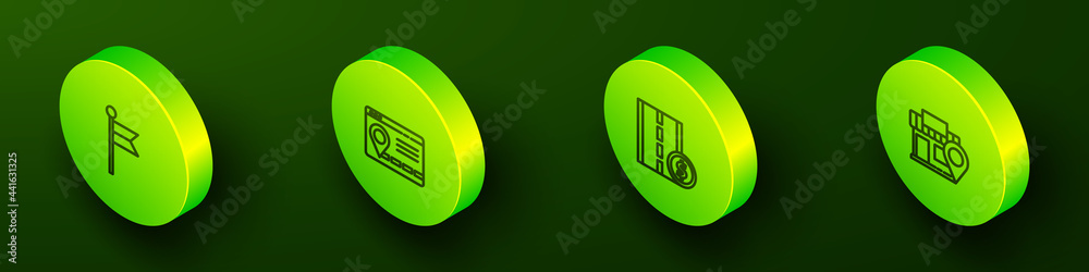 Set Isometric line Location marker, Infographic of city map navigation, Toll road traffic sign and with store icon. Vector Set Isometric line Location marker, Infographic of city map navigation, Toll road traffic sign and with store icon. Vector