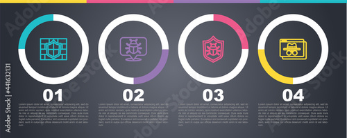 Set line Shield with brick wall, System bug, and Browser incognito window. Business infographic template. Vector