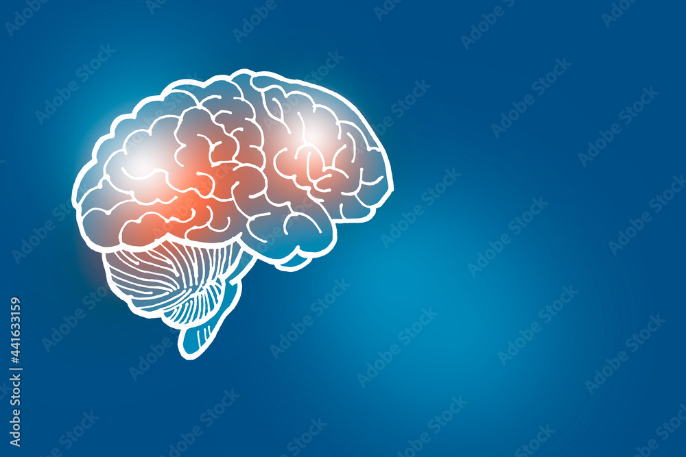 Handrawn illustration of human brain on dark blue background. Medical ...