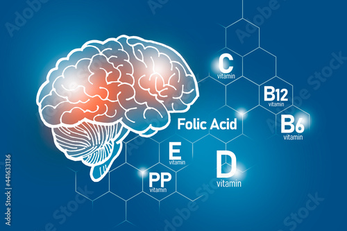 Cuadro en lienzo Essential nutrients for brain health including vitamin C, vitamin B, folic acid, vitamin PP