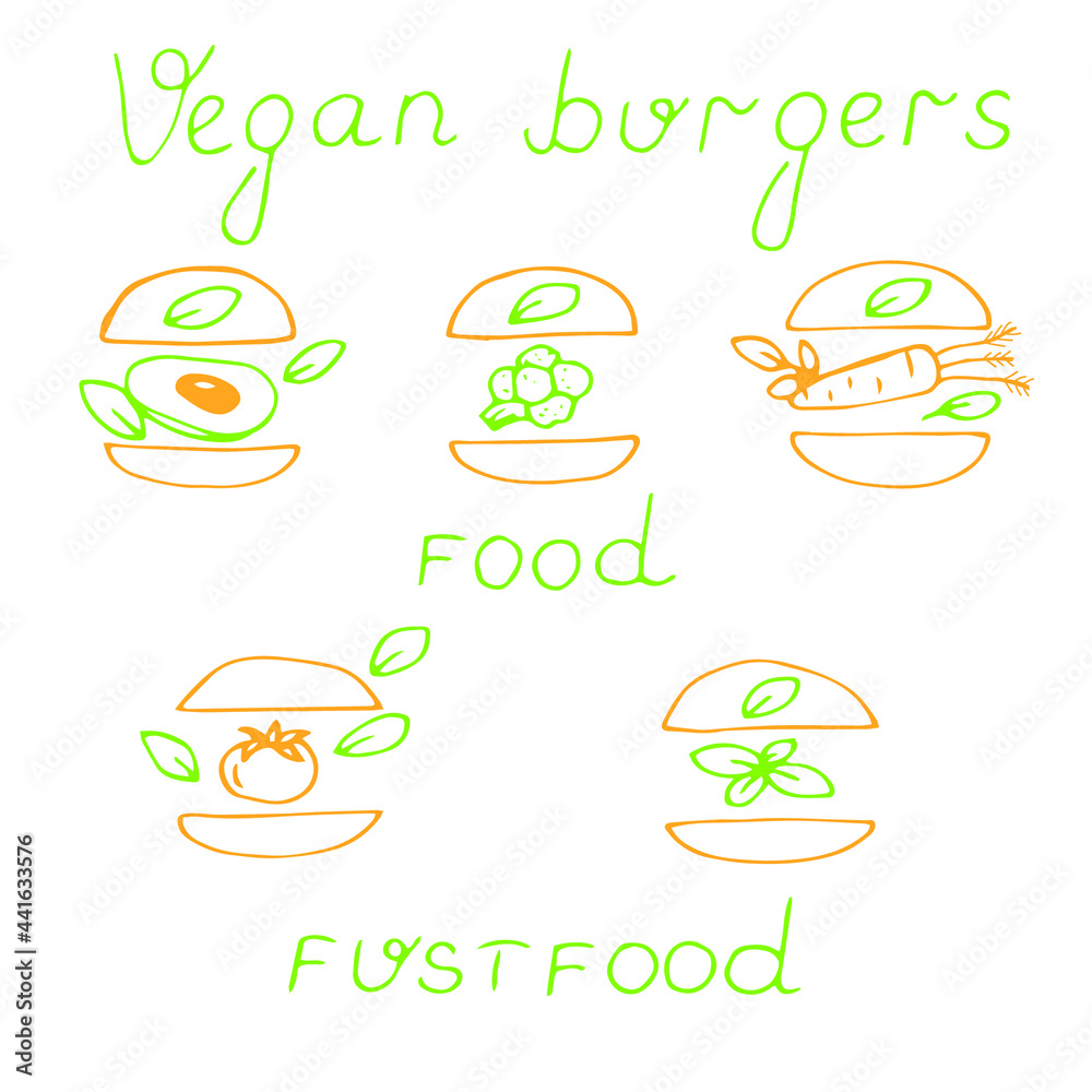 Vegan burgers with vegetables set, vector illustration, doodle, hand drawing, colored