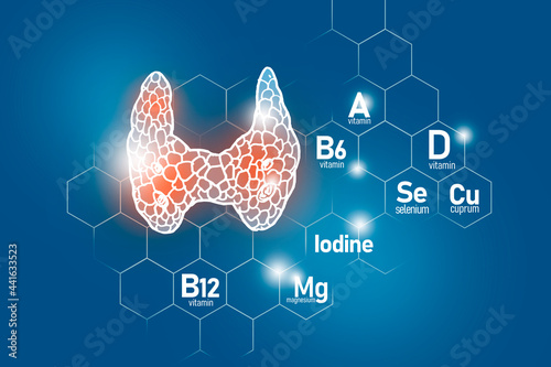 Essential nutrients for Thyroid Gland health including Iodine, Selenuim, Vitamin B6, Cuprum.
Design set of human organs with molecular grid, micronutrients and vitamins on dark blue background.
