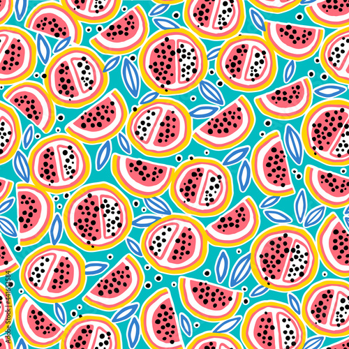 Bright seamless pattern with tropical fruits. Vector illustration. Great for fabric, textile, wrapping paper.