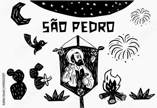 Standard of Saint Peter in woodcut and Cordel style. For June and July parties. Bonfire and fireworks. photo