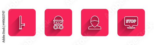 Set line Police rubber baton, Gas mask, Vandal and Protest with long shadow. Red square button. Vector