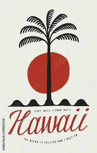 Hawaii palm on waves surfing t-shirt print. Simple vintage beach symbol typography vector illustration. Summer tropical vacation print.