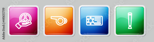 Set line Peace, Whistle, Police badge and rubber baton. Colorful square button. Vector