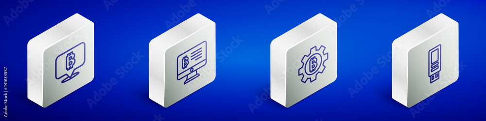 Set Isometric line Bitcoin, Mining bitcoin from monitor, Cryptocurrency and USB flash drive icon. Vector Set Isometric line Bitcoin, Mining bitcoin from monitor, Cryptocurrency and USB flash drive icon. Vector