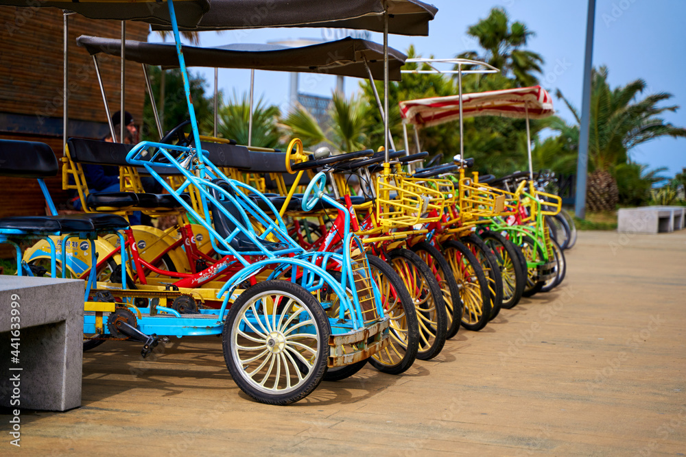 Fototapeta premium Bicycle rental for cycling along the embankment. Bicycle parking for the whole family