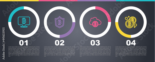 Set line Bitcoin, Shield with bitcoin, Cryptocurrency cloud mining and . Business infographic template. Vector