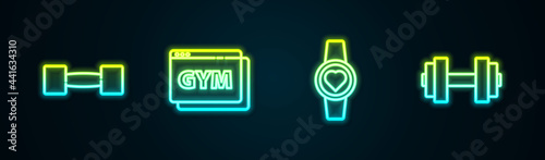 Set line Dumbbell, Online fitness and training, Smartwatch and . Glowing neon icon. Vector