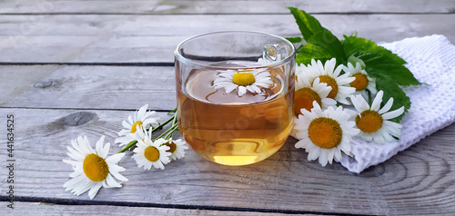 Chamomile aromatic tea in a glass cup on a wooden background. Summer still life with wildflowers and medicinal herbal drink. Floral background.